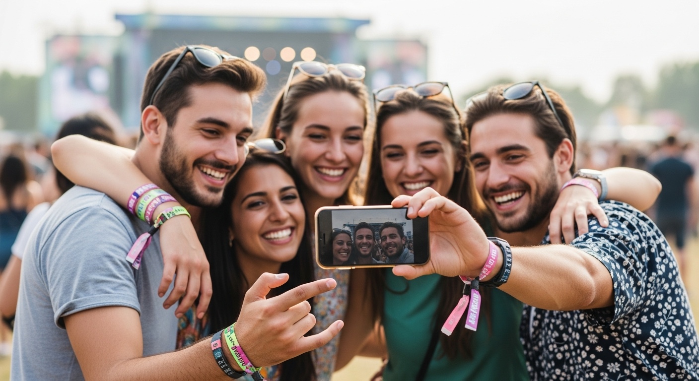 Three festival attendees huddled together, faces lit by a phone screen as they share a referral link with friends