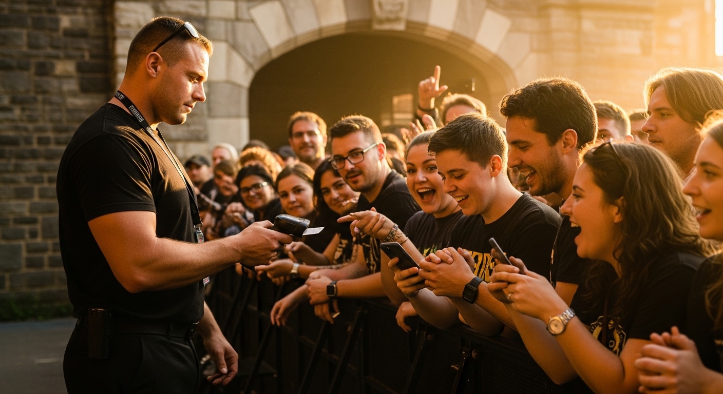 A long queue of excited concertgoers wrapping around a venue at twilight as the marquee glows above the entrance